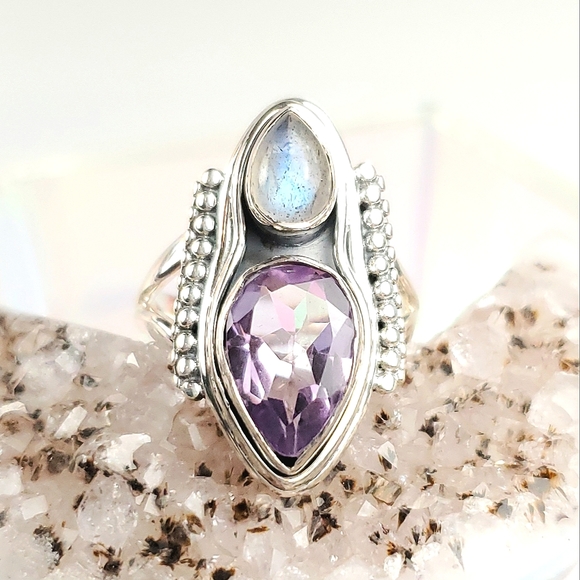 Sterling Silver Amethyst and Labradorite Double Teardrop Ring Size 8 - Picture 7 of 15